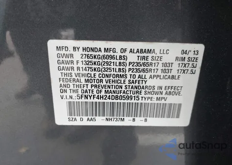 2013 Honda Pilot Lx z USA, uszkodzony, nr VIN 5FNYF4H24DB059915